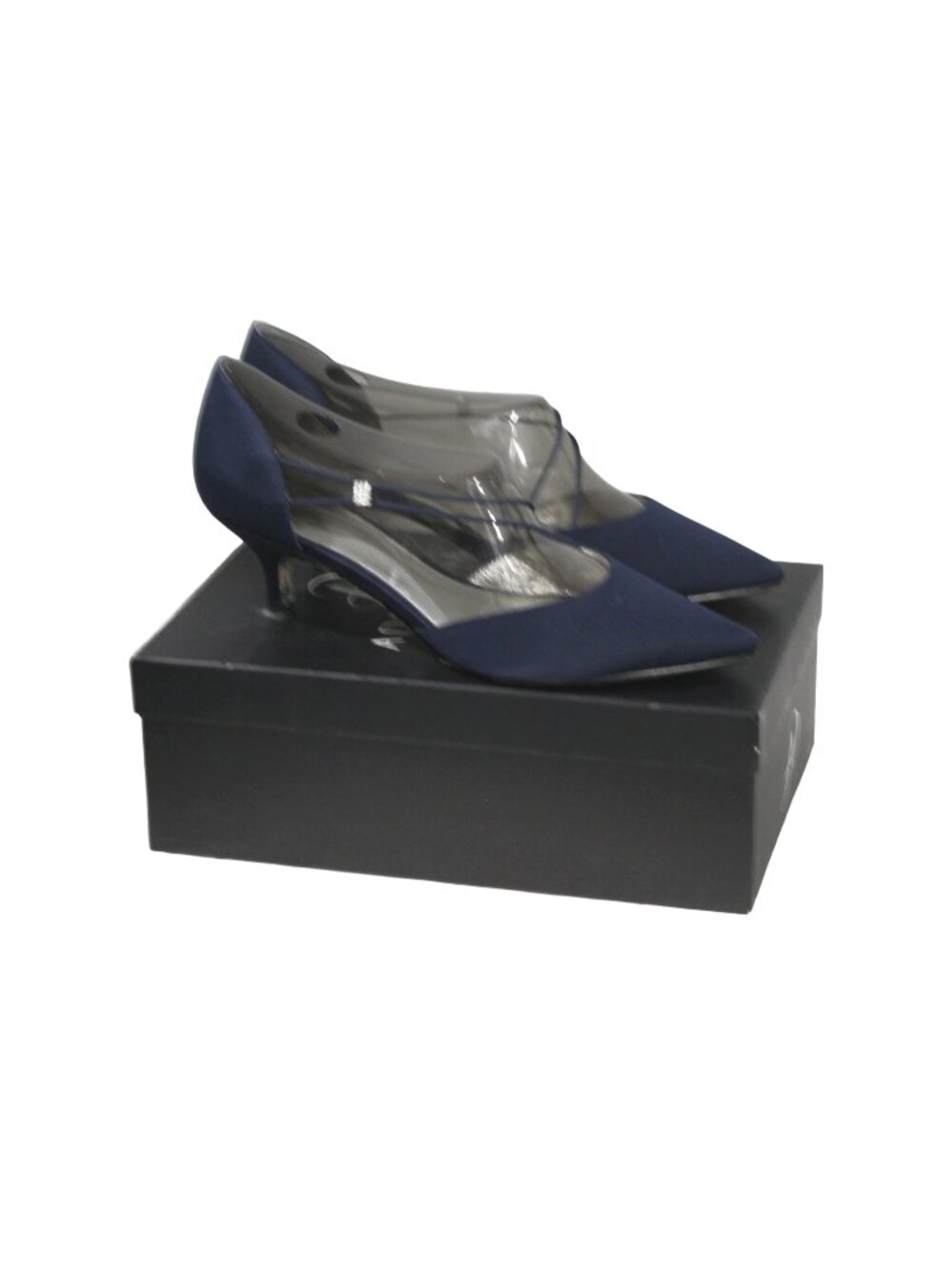 Adrianna Papell Lacy Navy Satin Rhinestone Kitten Heels Size 9.5M